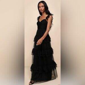 Pure Radiance Black Mesh Swiss Dot Tiered Maxi Dress in XL